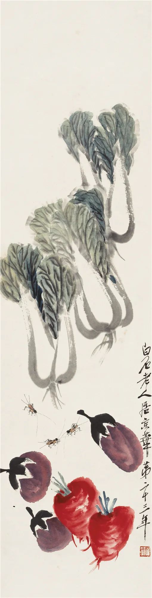 蔬菜蟋蟀 齐白石 133cm×33.5cm 1939年 纸本设色 北京画院藏